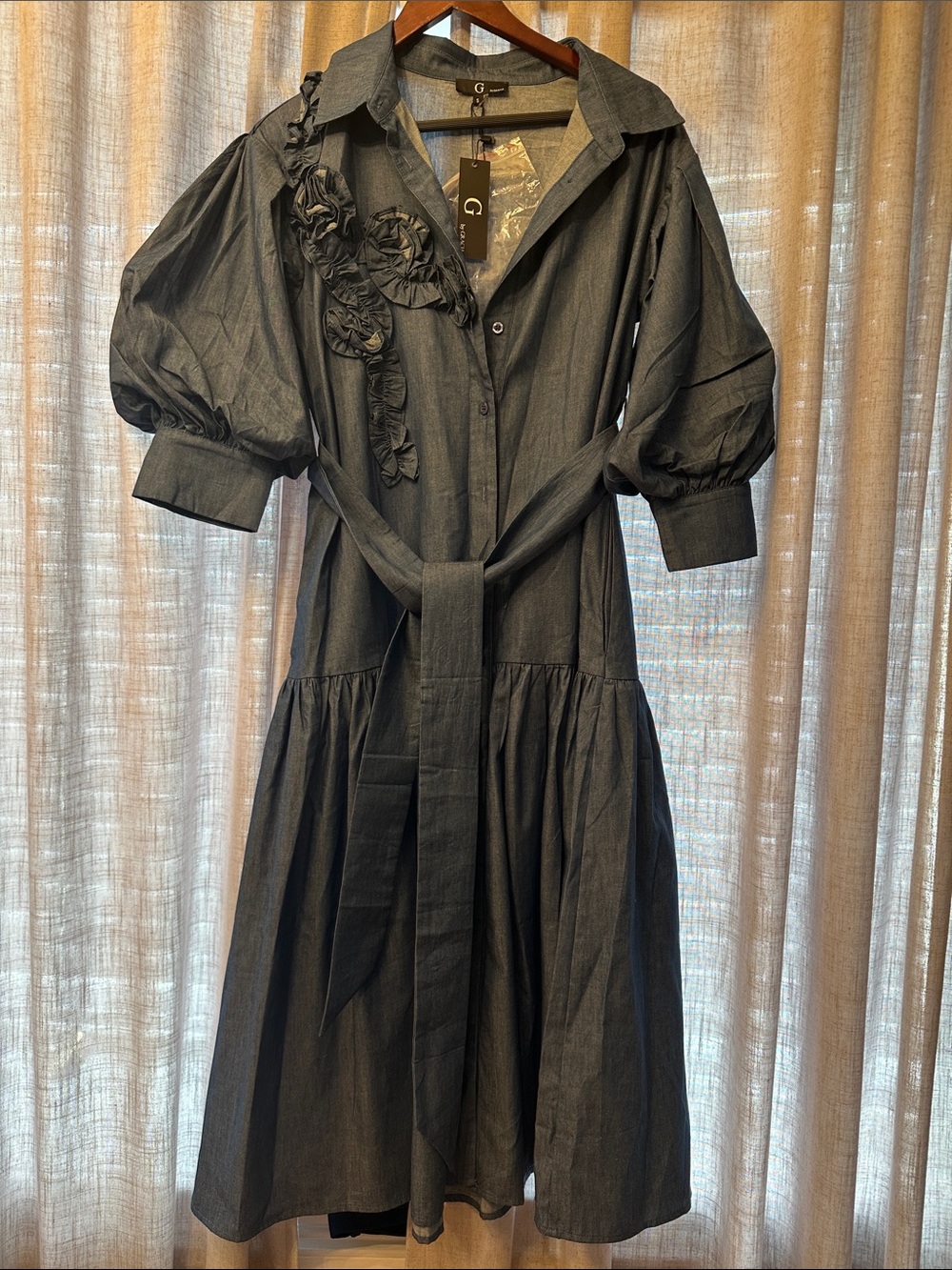 Gracia Charcoal Puff Sleeve Midi Shirt Dress with Rosette Detail
